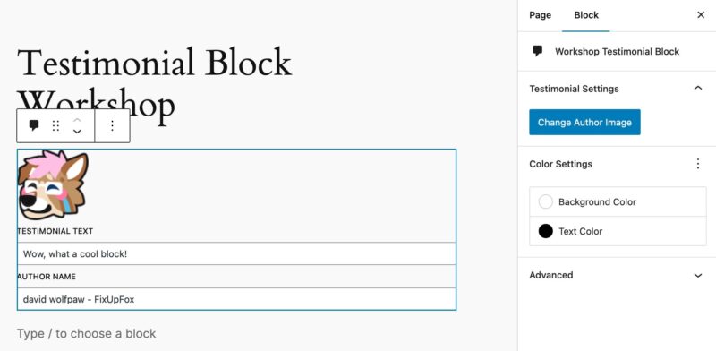 a screenshot of the testimonial block backend, showing the media upload button and color settings fields moved into the inspector panel sidebar